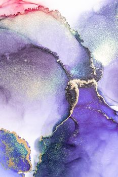 Purple gold abstract background of marble liquid ink art painting on paper . Image of original artwork watercolor alcohol ink paint on high quality paper texture .