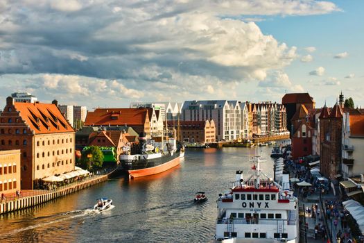 Aerial view of Gdansk city center, with the Motlawa river and Zuraw crane