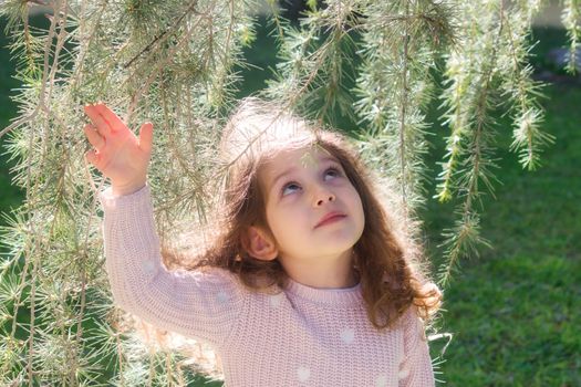 Adorable little girl under the shiny leaves of a tree in the sun