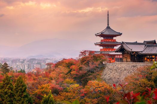 Sunrise over Sanjunoto pagoda and Kiyomizu-dera Temple in the autumn season, Kyoto, Japan