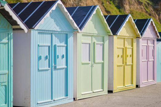 Colored wooden houses on the ocean coast bathing cabins at Saint aubin sur mer