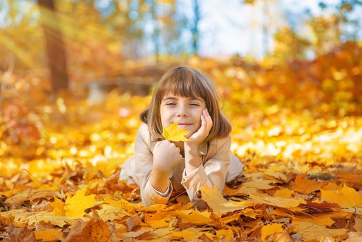 Children in the park with autumn leaves. Selective focus.