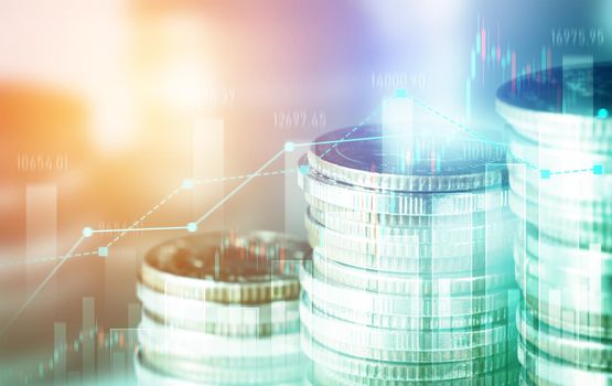 Finance and money technology background concept of business prosperity and asset management . Creative graphic show economy and financial growth by investment in valuable asset to gain wealth profit .