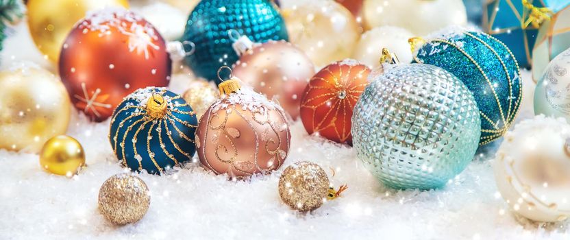 Beautiful christmas background with decor. Selective focus. Holiday.