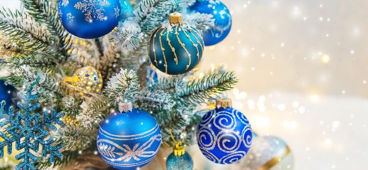 Merry Christmas Holidays greeting card background. Selective focus. nature.