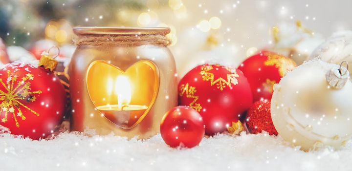 Beautiful christmas background with decor. Selective focus. Holiday.