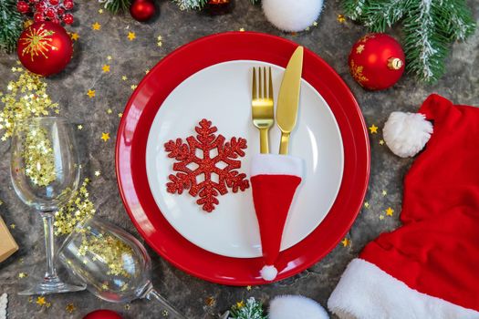 Christmas background table setting and decor. Selective focus. Nature.