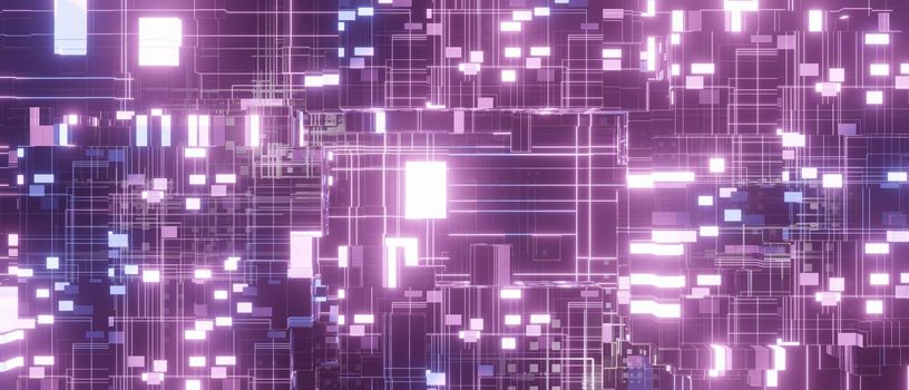 Abstract Shine Electronics Processor Or IC Circuit Pattern Trendy Bright Purple Banner Background Wallpaper Different Concepts 3D Rendering