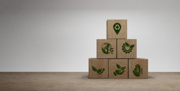Carbon ecological footprint symbols wooden cubes 3D Rendering