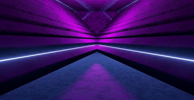 Sci-Fi Concrete Cement Panels Underground Tunnel Spotlight Dark Purple Background 3D Rendering