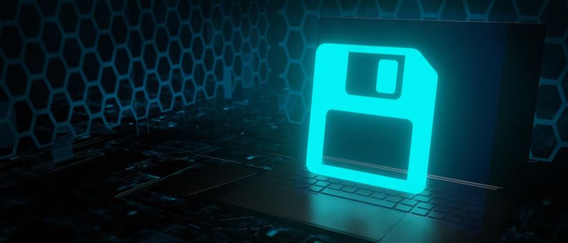 Save disk copy glowing icon laptop technology background 3D render