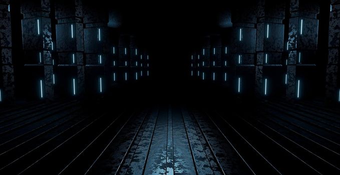 Cyberpunk Industrial Pedestal Platform Tunnel Light Turquoise Background SciFi Concept 3D Rendering