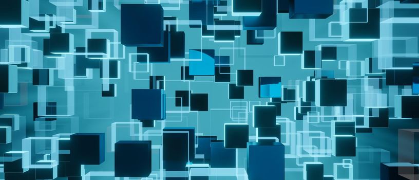 Abstract technology and science polygonal space poly background Futuristic Grids And Squares Deep Blue Green Banner 3D Rendering