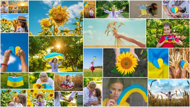 Collage of photos on the theme of Ukraine. Selective focus. child.