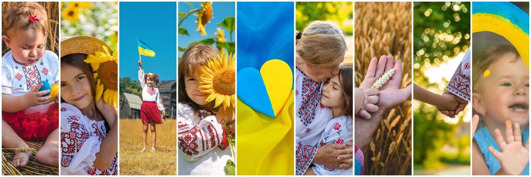 Collage of photos on the theme of Ukraine. Selective focus. child.