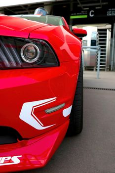 Wroclaw, Poland, August 25, 2021: Front view of the optics of a modern powerful Ford Mustang car