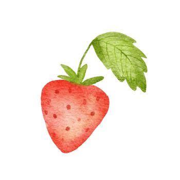 Watercolor cute strawberry with green leaf. Stylized drawing illustration of summer berry isolated on white background