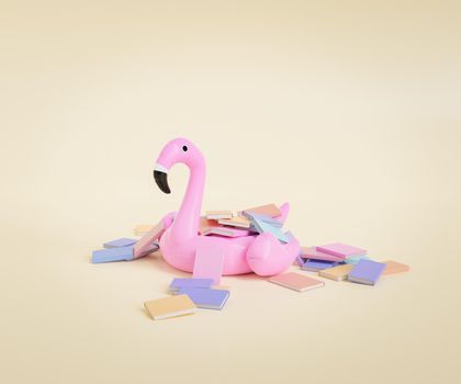 3D rendering of notebooks with colorful covers scattered around pink inflatable flamingo against beige background
