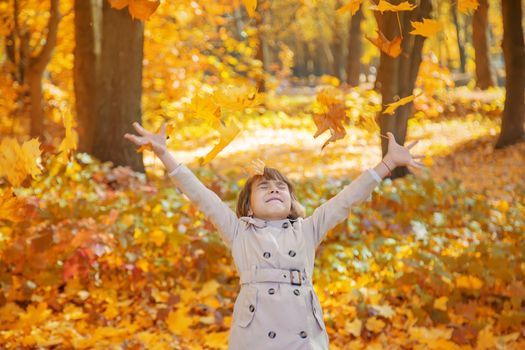 Children in the park with autumn leaves. Selective focus.