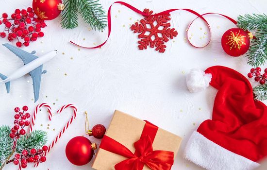 Christmas background with airplane, travel. Selective focus nature