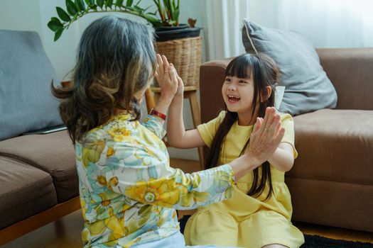 Asian portrait, grandma and granddaughter doing leisure activities and hugging to show their love and care for each other.