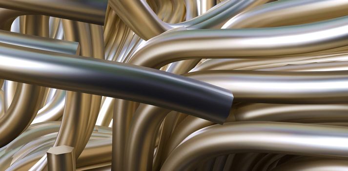 Abstract background with intertwined golden pipes, 3d Rendering.
