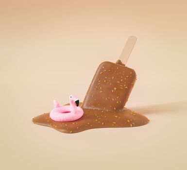 Creative 3D rendering of small pink inflatable flamingo on melted chocolate ice cream bar against beige background