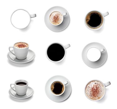 collection of various coffee cup on white background. each one is shot separately