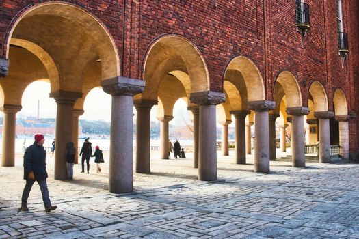 02 Feb 2019 - Stockholm, Sweden: Arches at City Hall in Kungsholmen island, Stockholm, Sweden