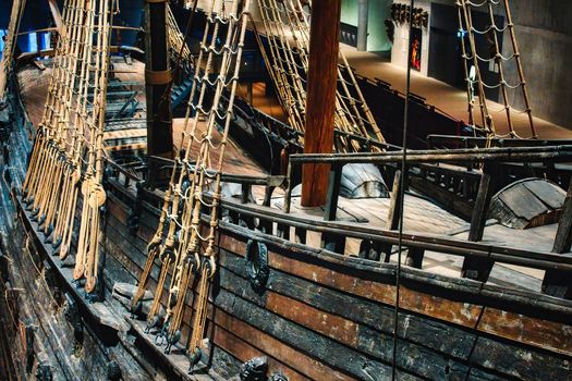 Stockholm, Sweden - 02/22/2019: Vasa museum, Stockholm - Exterior hull side of the historic warship Vasa