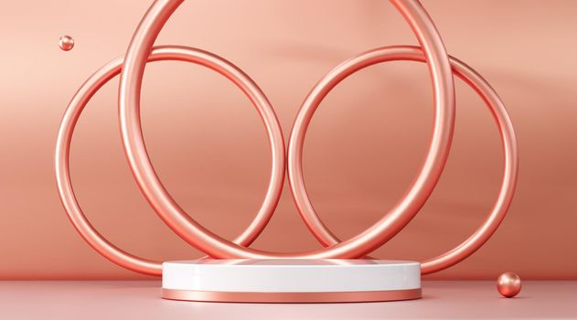 Abstract Pastel pink geometric shape blank platform with rings. Podium empty showcase pedestal product display for cosmetic presentation. Composition with round scene. 3d Rendering.