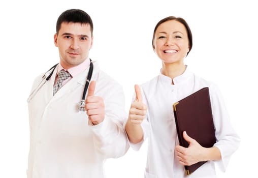 Two doctors male and female showing ok sign. Isolated on white.