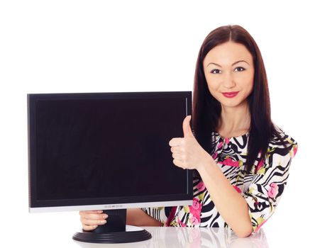 Beautiful woman presenting monitor.