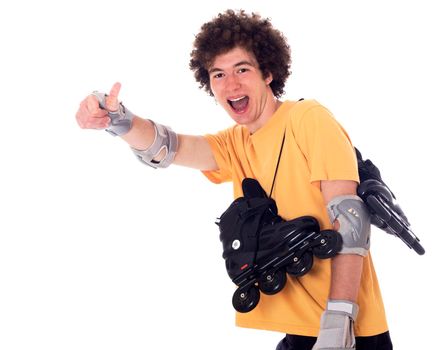 Active roller boy with roller skates over his shoulder showing ok sign. Isolated on white.