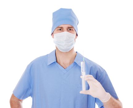 Full isolated studio picture from a young male doctor with syringe in his hand.