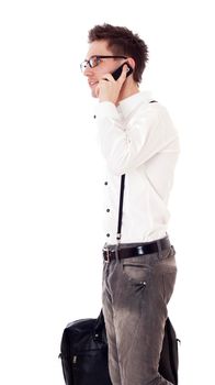 Male with briefcase and mobile phone. Sure he gets good news. Isolated on white.