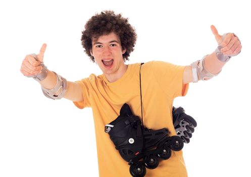 Active roller boy with roller skates over his shoulder showing ok sign. Isolated on white.