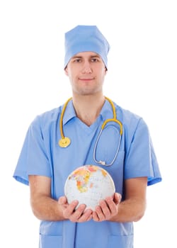 Male doctor holds planet earth in his hands, isolated on white.