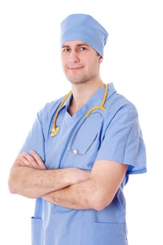 Male doctor with stethoscope, isolated on white.