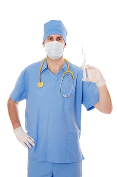 Full isolated studio picture from a young male doctor with syringe in his hand.