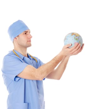 Male doctor holds planet earth in his hands, isolated on white.