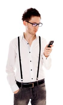 Male looking at mobile phone and reading message. Isolated on white.