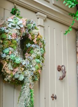 Wreath of succulents with a mold on a vintage door