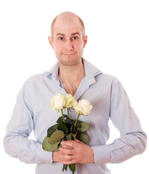 Picture of a young male holding a flower, isolated on white