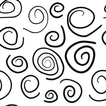 Seamless hand drawn black and white abstract pattern. Monochrome geometric lines spirals dots curves. For modern minimalist decor wrapping paper textile wallpaper