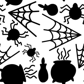 Seamless hand drawn black and white Halloween pattern with cartoon ghost skull bones pumpkin bat. Cute minimalist background for kids party invitation tesxtile wrapping paper. October nursery print