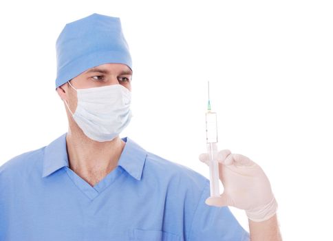 Young male doctor with syringe in his hand, isolated on white.