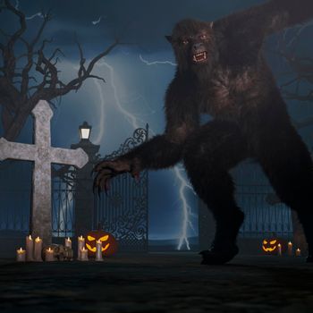 Illustration of a werewolf during the night in the creepy cemetery - 3d rendering