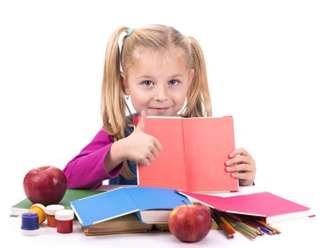 girl reading a book isolated on white