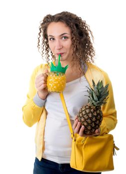 beautiful young woman with pineapple isolated on white